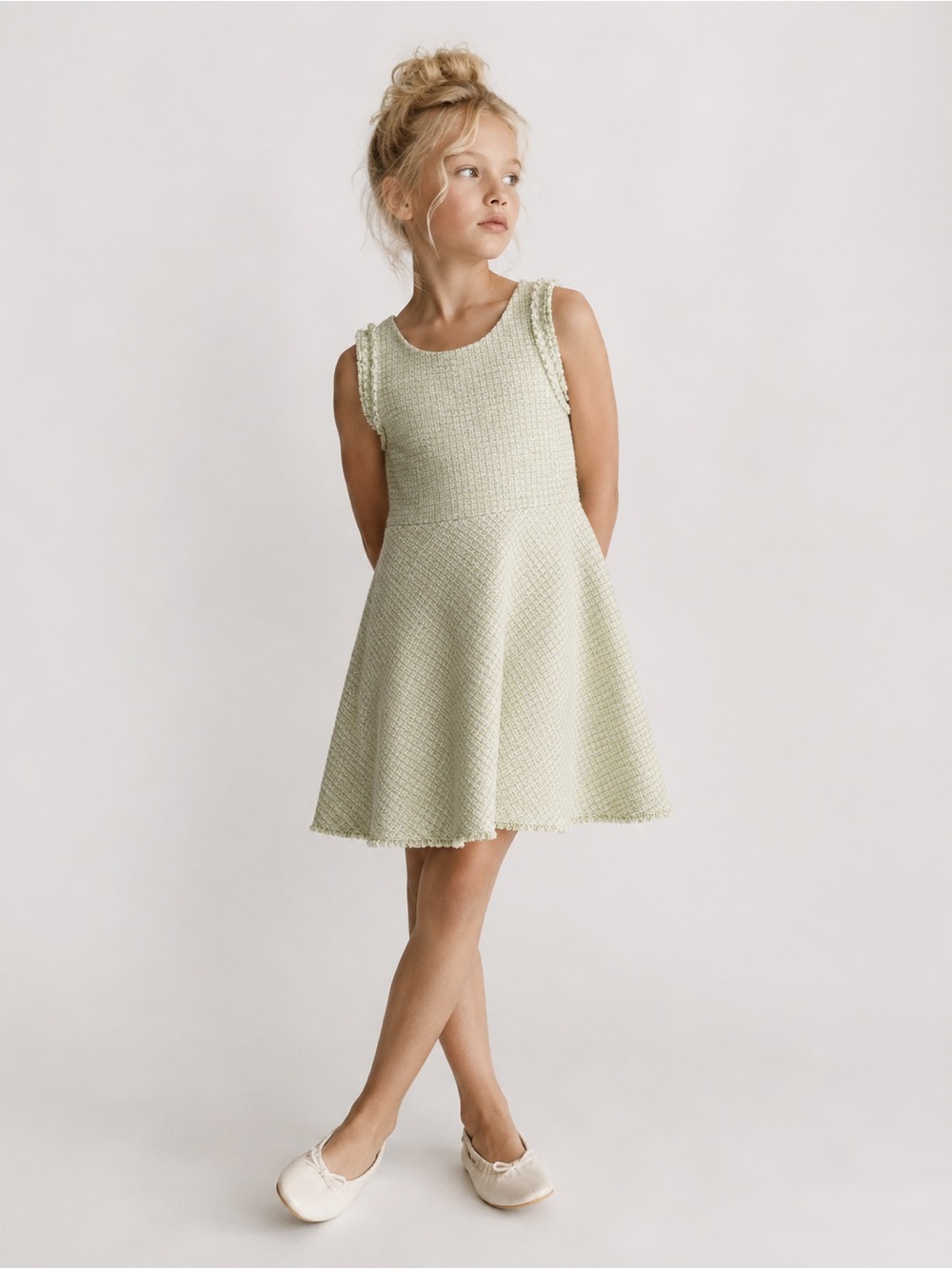 Zara Girls Textured Tweed Dress Sage Green Preppy Easter NWT
